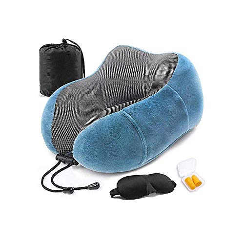 Lovebay Nackenkissen, tragbares Reisekissen, Memory-Schaum mit Augenmaske und Ohrstöpseln, 3D-Unterstützung geeignet für Büros, Flugzeuge, Züge, Autos Nackenkissen für Reisen (blau)