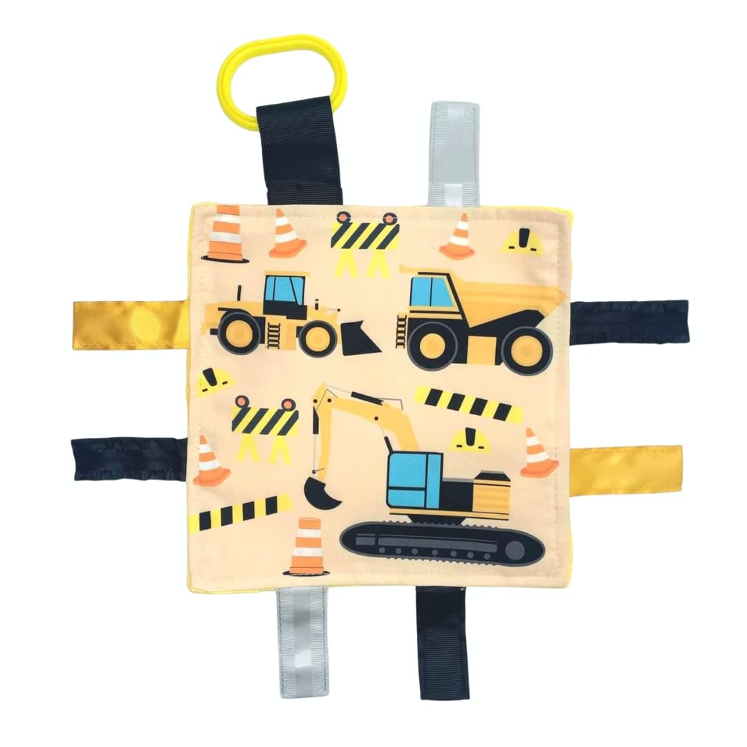 Baby Jack &amp; Co 8x8” Construction Lovey Tag Toy for Babies - Baby Crinkle Toy - Soft &amp; Safe - Learn Shapes &amp; Colors - Ideal Baby Toy - BPA Free w/Stroller Clip