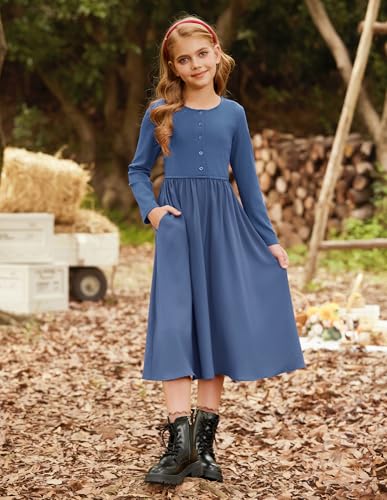GRACE KARIN Girls Fall Long Sleeve Dresses Girl Casual Maxi Dress with Pockets Kids Formal Party Dress Size 6-142