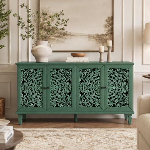 Image of Green Sideboard Cabinet with Carved Doors, Green Buffet Cabinet, Vintage Cabinet with Storage Shelves, Farmhouse Storage Cabinet for Dining Room, Living Room & Entryway