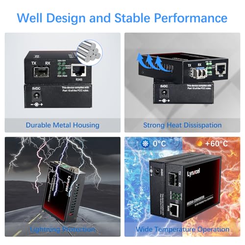 Image of Gigabit Single Mode LC Fiber Media Converter, 10 /100 /1000Base-TX to 1000Base-LX SFP RJ45 Copper Converter with 2Pack Dual LC Transceiver Module, 1.25Gbps SMF 1310nm, up to 20km, 1 Pair