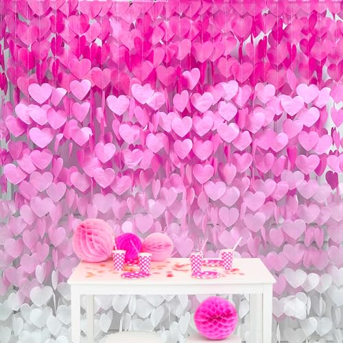 Image of 205 Ft Hot Pink Party Decorations Ombre Pink White Heart Backdrop Streamer Tissue Paper Heart Hanging Garland for Birthday Bachelorette Valentines Day Wedding Bridal Shower Engagement Party Supplie