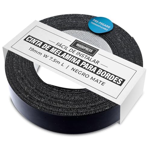 WoodPress® Cinta de melamina Negra Mate de 19 mm, Cinta de Chapa prepegada, Rollo de 7,5 m, Planchar para una fácil aplicación de Bricolaje, cubrirá el Borde de un Panel de MDF estándar