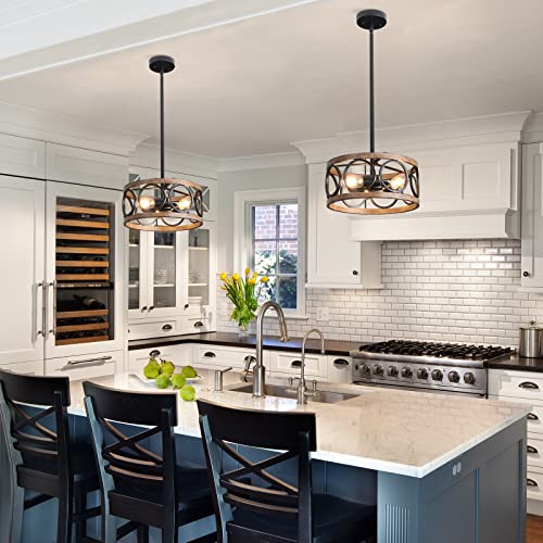 Galtlap Vintage Drum Pendant Lighting Farmhouse Ceiling Kitchen Light Fixtures Rustic Chandeliers For Dining Living Room Entryway Foyer, Black And Wood #TOP1