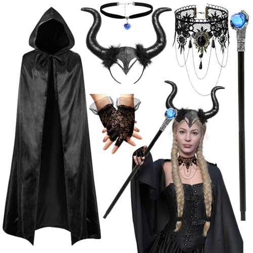 HSYWSH Déguisement Diable, Costume d'Halloween Queen Evil pour femme, avec bandeau en corne de diable noire,collier rétro en dentelle,Cape,Sceptre pour Halloween Carnaval Cosplay Fête Femme (A)