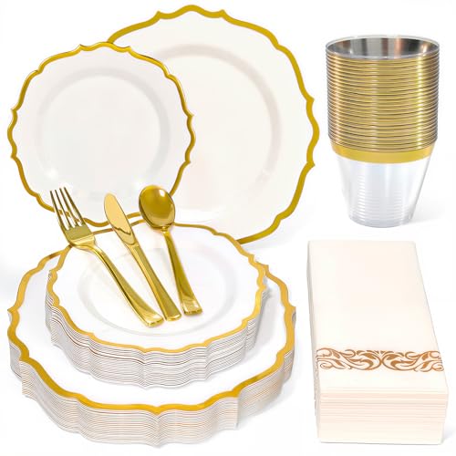 Glowserve 175 Plastic Dinnerware Set Gold Disposable Dinnerware Set for 25 Guests Include 50 Plastic Plates 25 Silverware Set 25 Cups and 25 Napkins for NewYear Party Wedding Birthday