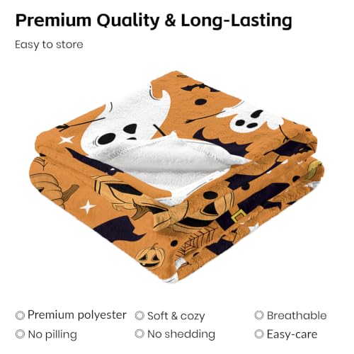 Image of Orange Halloween Blanket, Spooky Pumpkin Ghosts Fleece Throw Blanket for Kids, Fall Halloween Decorations Gifts for Kids Women Birthday, 40x60 Inches