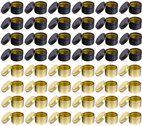NRANSON 48 PCS 5 OZ frascos para Hacer Velas de Ronda de Vela del Metal latas de Reutilizable Vela latas de Bricolaje Arte Manualidades Suministros (5OZ,24PCS Black+24PCS Gold) Cover