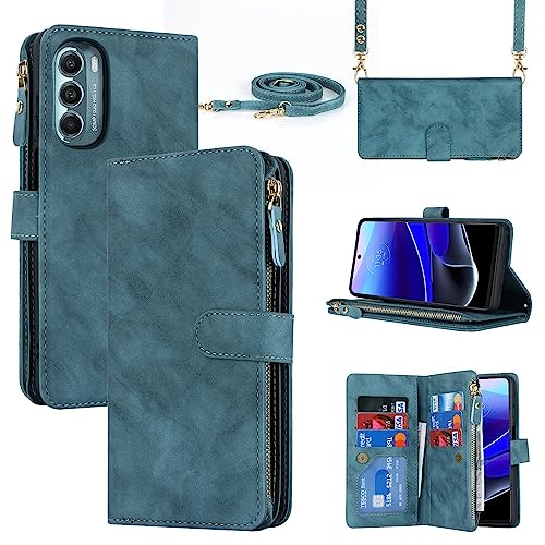 iCoverCase for Motorola Moto G Stylus 5G 2022 Wallet Case with Card Holder, Kickstand Feature PU Leather Case with Adjustable Crossbody Lanyard Magnetic Clasp Zipper Pocket Flip Cover (Blue)
