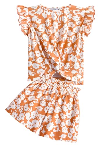 Image of Arshiner Girls Shorts Sets 2 Pieces Outfits Twist Front Ruffle Sleeve T-Shirts and Shorts With Pockets Cute Clothes Sets