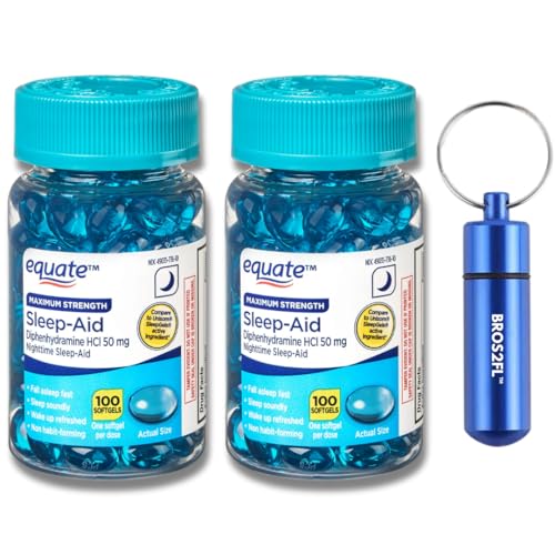 BROS2FL Equate Maximum Strength Diphenhydramine HCl Sleep Support Softgels 50 mg 100 Count (2-Pack) Bundle Keychain Waterproof Portable Metal Pill Box (2 Items)