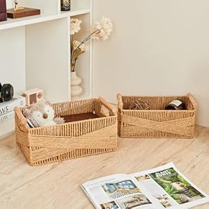 Storage basket with handle large rectangular wicker basket for organizing decorative wicker storage basket woven basket organizers for living room set of 2 yellow  urban country home decor
