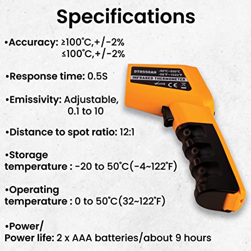 Image of Thermomate Infrared Thermometer Non-Contact Digital Temperature Gun-50C to -550C (-58F to 1022F) IR Thermometer for Industrial, Kitchen Cooking, Ovens