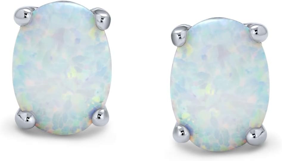 Simple Classic White Fire Orange Black Blue Opulence Gemstone Created Opal Oval Stud Earrings 14K Yellow Gold Plated .925 Sterling Silver 7MM October Birthstone - Image 2