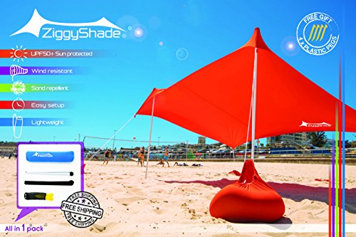 ZiggyShade Family Beach Sunshade. Lightweight Pop Up Tent Sun Shelter with Sandbag Anchors, 4 Pegs. UPF50+ Portable Outdoor Canopy. 7.2x8 FT, 2 Poles