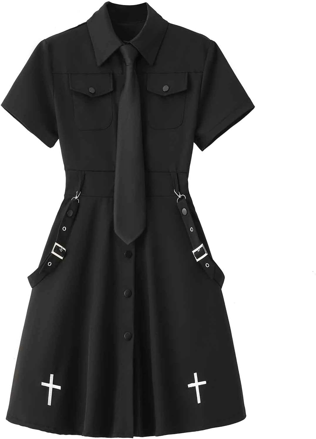 Gothic Black Summer Academy Tie Cross Black Retro Dress Harajuku Dress Emo Clothes