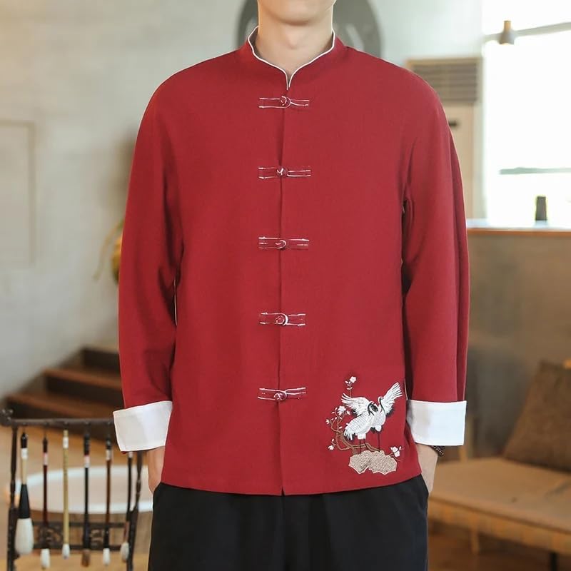 Men Shirts Traditional Long Sleeve Embroidered Chinese Style Retro Cardigan Stand Collar Tang Suit Mens Top