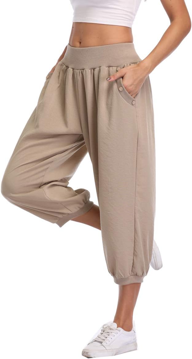 PEIQI Women's Capri Crop Pants Loose Fit Sweatpants Casual Joggers Lounge Pants with Pockets XS-4XL