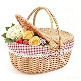 Panier Pique Nique,Panier de Pique Nique en Osier avec Couvercle à Double Ouverture et Poignée Pliable, Panier Pique Nique Osier Le Camping et la Cueillette de Fruits(Rouge/40x34x19CM)