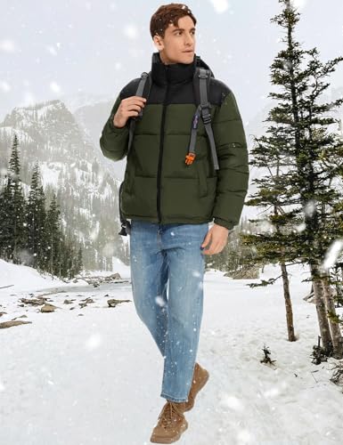 Image of PEHMEA Men's Puffer Jacket Stand Collar Zipper Coat with Pockets Retro Bubble Outwear for Winter