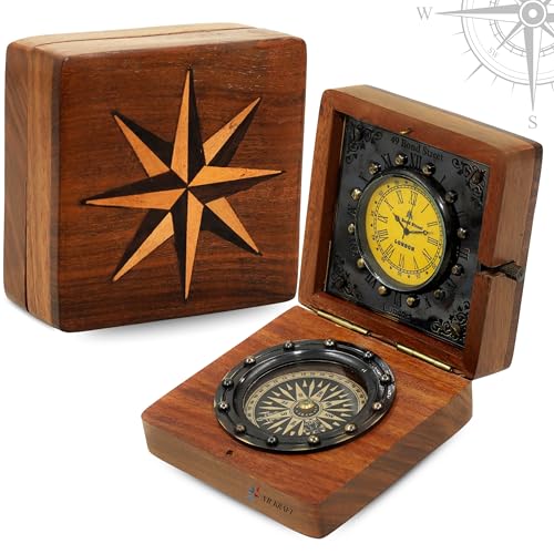 Vintage Wooden Compass and Clock Box Set – 3.5” Handmade Antique Nautical Gift for Men, Dad, Husband, Traveler – Desk Decor Collectible – Steampunk Maritime Keepsake