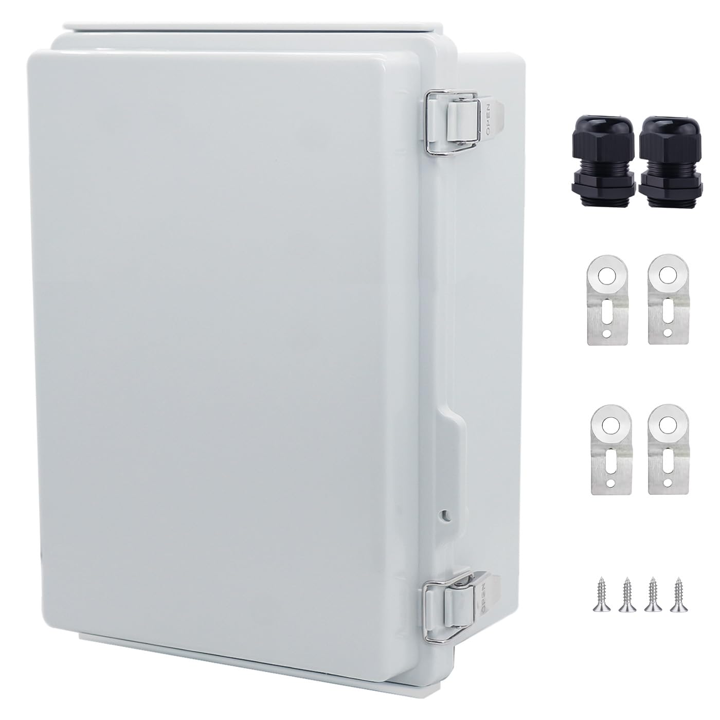 Photo 1 of IP67 Waterproof Junction Box, ABS Plastic Electrical Enclosure with Stainless Steel Latch, Hinged Cover Electric Box with Mounting Plate, Wall Brackets & Cable Glands 280x190x130mm