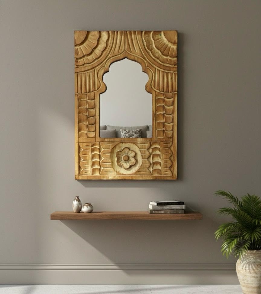 Designer Wall Mirror with Ornate Carved Frame, Arched Shape, Silv...