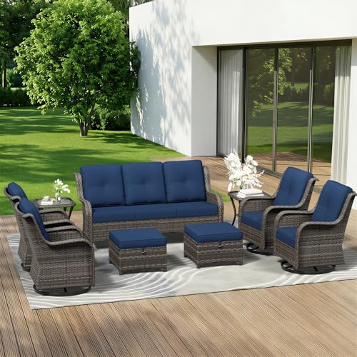 Image of 9 Piece Outdoor Wicker Patio Furniture Set, Outdoor Swivel Rocker Patio Chairs Set with Thickened Olefin Cushions, High Back and Deep Seating, Hand-Woven PE Rattan for Porch, Deck