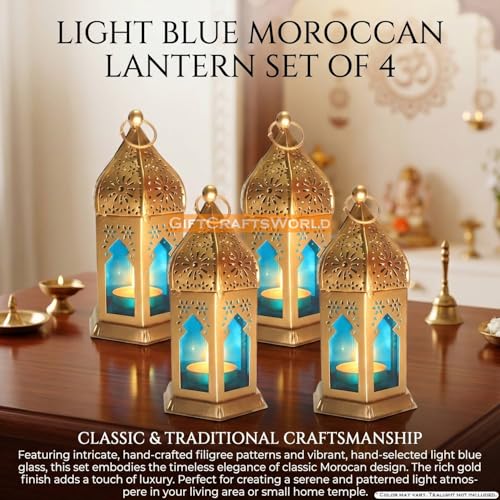 Image of Metal Antique Moroccan Lantern Hanging Vintage Style Lamp for Home Decoration Diwali Festive Light Traditional Indoor Outdoor Decor (Light Blue, Set of 4)