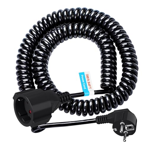 3M Schuko Verlängerungskabel, Schutzkontakt Spiralleitung dehnbar bis 3M Max, IP20 Verlängerungsleitung (230V/16 A), Spiralkabel 3 x 1,0 mm² mit Schuko Stecker & Kupplung, Schwarz
