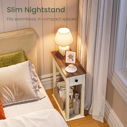 Image of CHOEZON Farmhouse End Table, 2-Tier Narrow Side Table with Drawer, Wooden Nightstand, for Small Space, Living Room, Bedroom