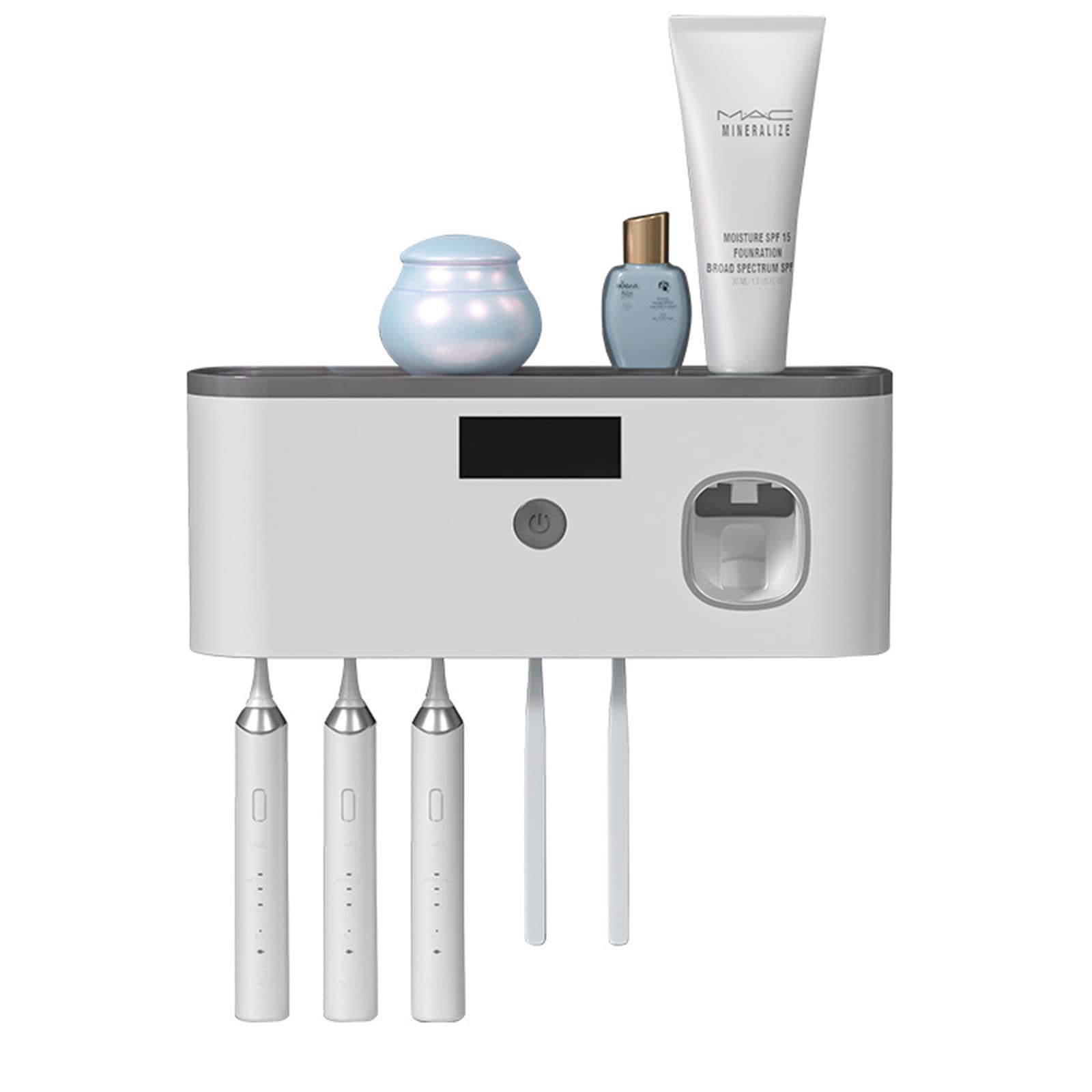 Wall Mounted Toothbrush Holder with Toothpaste Dispenser, Electric Toothbrush Holder for Bathroom, Solar Charging and no Drilling Required Smart Clean Toothbrush Organizer with 5 Brush Slots