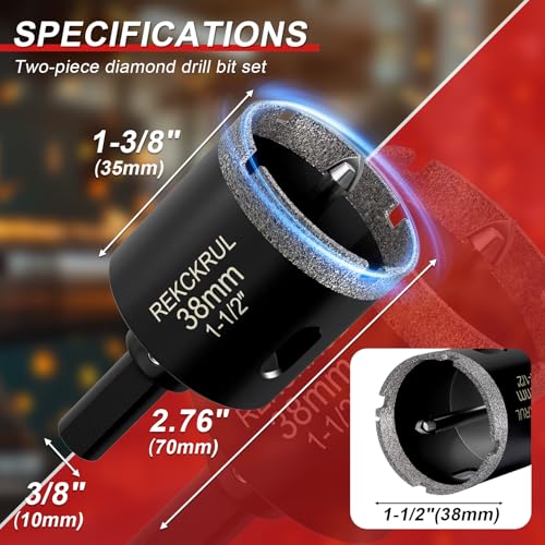 Image of 1-1 /2 Inch Diamond Hole Saw with Pilot Drill Bit 2PCS | Premium Tile Hole Saws Porcelain, Ceramic, Granite, Marble, Glass , 1-3 /8 inch Cutting Depth, Serrated Edge Wet /Dry Use (38mm)
