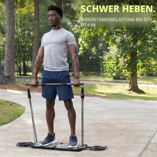 EVO Gym - Tragbares Krafttrainingsgerät für Zuhause, im Fitnessstudio zu Hause, 10 Widerstandsbänder, Boden hält Gym Bar & Griffe für Reisen | Tragbares Fitnessstudio & Heimtrainingsgerät | 145 kg