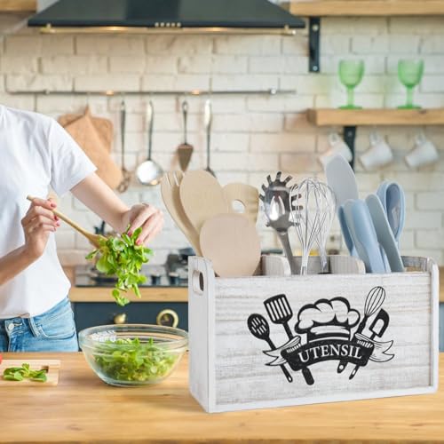 Fabuday Kitchen Utensil Holder for Counter Wooden - Extra Large Cooking Utensil Caddy for Spoon, Spatula Utensils, Rustic Farmhouse Utensils Organizer Countertop