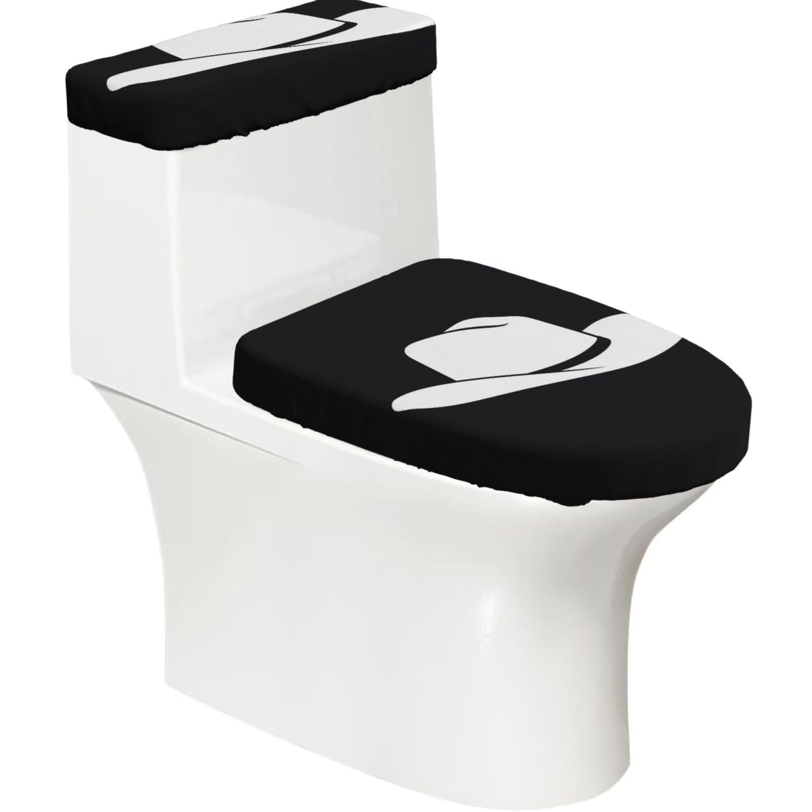 Cowboy Hat Silhouette Elastic Toilet Cover Set of 2-Stretchy Lid and Tank Covers for Bathroom, Soft Washable U Shape Toilet Decor