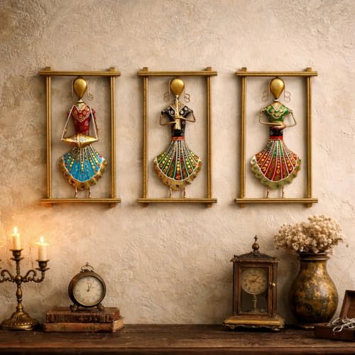 ZXC Rajasthani Musician Metal Wall Art Set of 3 for Living Room | Handmade Indian Traditional Wall Decor | Home & Office Decoration - Size-12 x 6.5 Inches Each