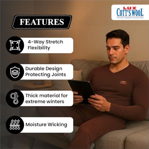 Image of Lux Cottswool Men's Cotton Thermal Set | Top & Bottom Body Warmer | V-Neck Winterwear | Full Sleeves & Snug Fit with Stay Warm Technology | Skin Friendly with Superior Heat Retention