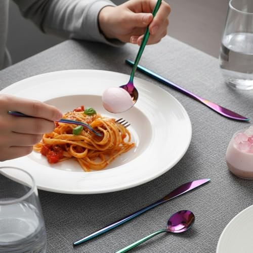 Image of Slim Handle Rainbow 20 Pcs Stainless Steel Cutlery Set for Dining Table, Dishwasher Safe Glossy Flatware (4 Spoon Set+4 Forks Set+4 Butter Knife+4 Dessert Spoon+ 4 Fruit Fork)