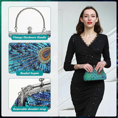 Image of UBORSE Beaded Sequin Peacock Evening Clutch Bags Vintage Evening Bag1920s Party Wedding Purse