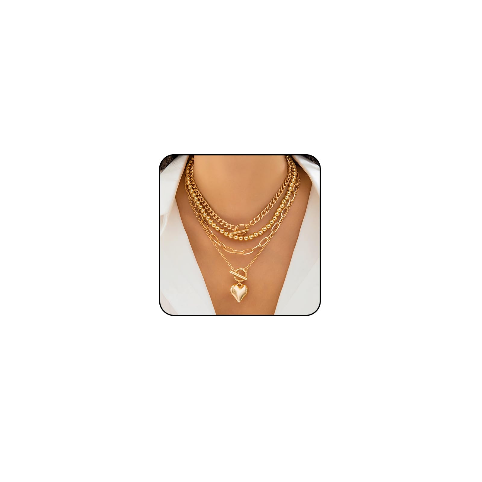 Otxas Layered Necklace for Women Non Tarnish Chunky Necklace Stack for Women Paperclip Chain Necklaces Retro Coin Medallion Heart Pendant Necklaces