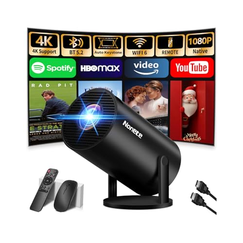 【Projector 2026 Upgraded】Mini Projector with WiFi 6 and Bluetooth 5.2 Support 4K 1080P Auto Keystone 270° Rotatable Projector Portable Compatibile with HDMI/TV Stick/Memory Stick/Laptop-Black
