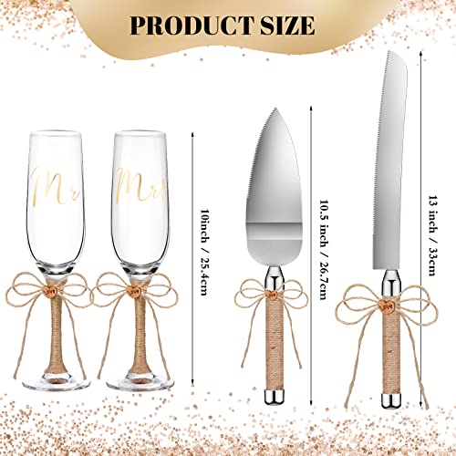 4 Piece Wedding Toasting Flutes And Cake Server Set Wedding Reception Supplies Champagne Glasses Cake Knife Pie Server (Natural Color, Burlap Bow) #TOP2