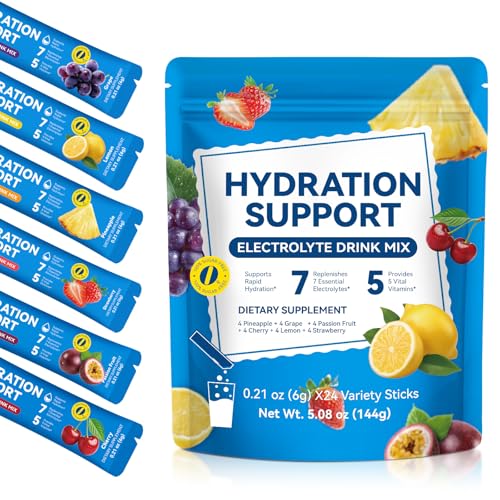 YLXYZUAD Sugar Free Electrolytes Powder Packets 24 Count Variety Pack Low Calorie Hydration Drink Mix with 7 Electrolytes & 5 Vitamins B3 B5 B6 B12 C Keto Friendly Vegan (24 Servings (Pack of 1))
