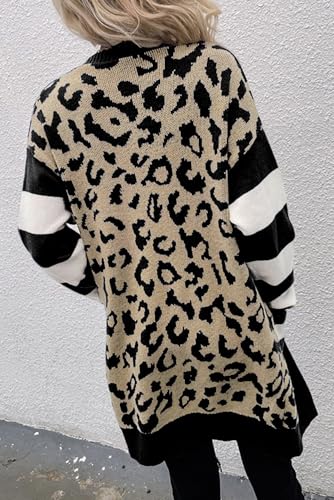 Women's Black Stripe Sleeve Leopard Print Open Front Cardigan with Pockets2