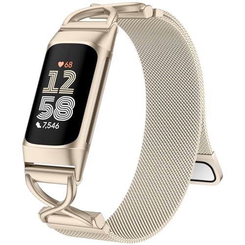 Charlam Metal Straps Compatible with Fitbit Charge 6 Strap Charge 5 Straps for Women Magnetic Stainless Steel Mesh Loop Band for Fitbit Charge 6 Charge 5 ChampagneGold