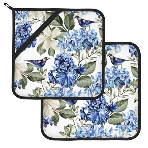 Ccocnd Blue Hydrangea Flowers Bird Pot Holder Set Of 2,Heat Resistant Potholders Oven Hot Pads cover