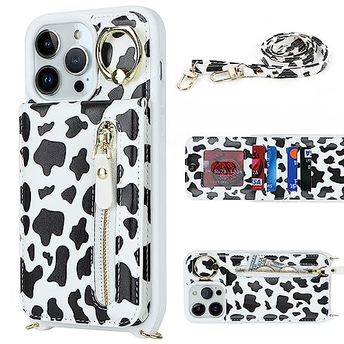 Image of iPhone 14 Pro Max Case for Women with Card Holder, iPhone 14 Pro Max Phone Case Wallet with Strap,Crossbody Lanyard Cases with Credit Card Slots Kickstand Ring Holder Stand Case,6.7 inch,Cow Print