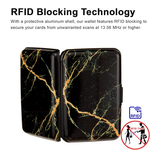 Image of Credit Card Holder Small RFID Blocking Wallet Business Metal Slim Mini Aluminum Hard Case for Women Men, Gold Marble Texture, small, Minimalist, Compact, American