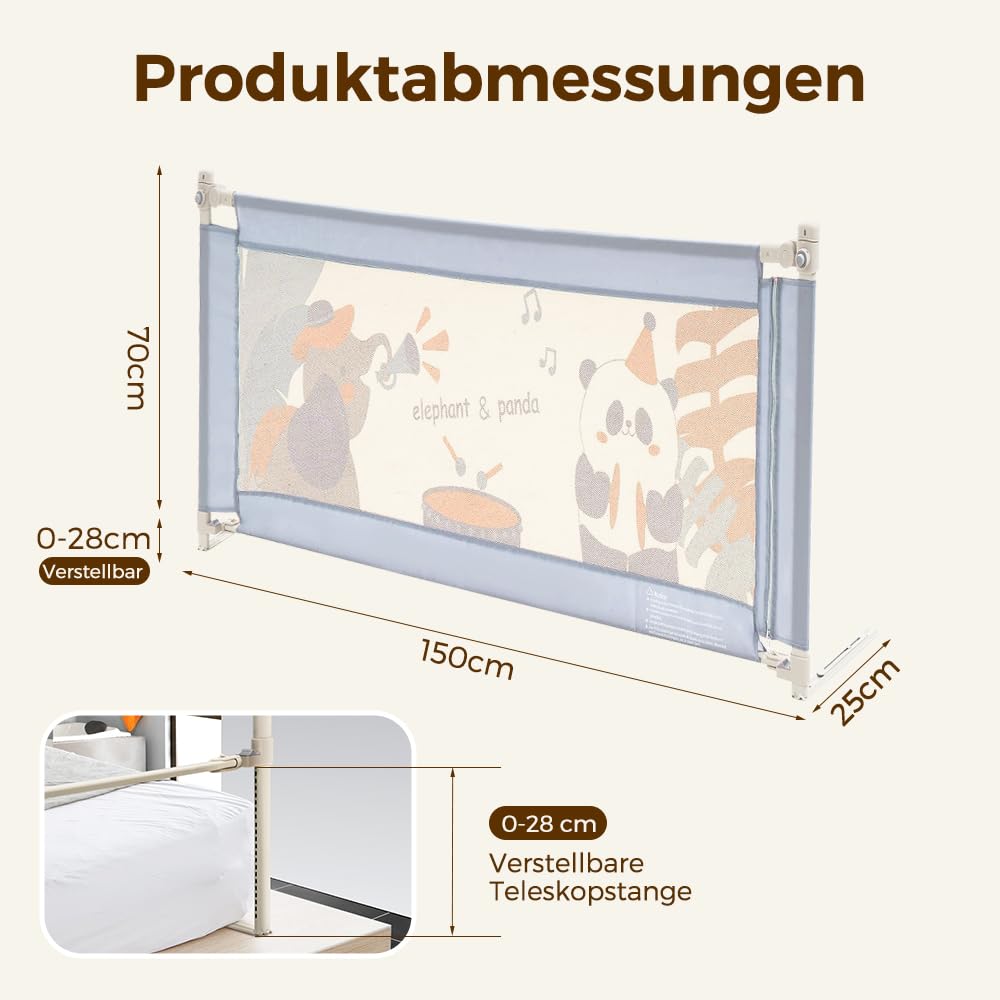 Playpals Baby Bettgitter, Kinderbettgitter 150cm Lang, Höhenverstellbar | Rausfallschutz für Baby Kleinkinder, 70-98cm Höhenverstellbar, Atmungstives Netz, für Einzel- und Doppelbetten, Blau